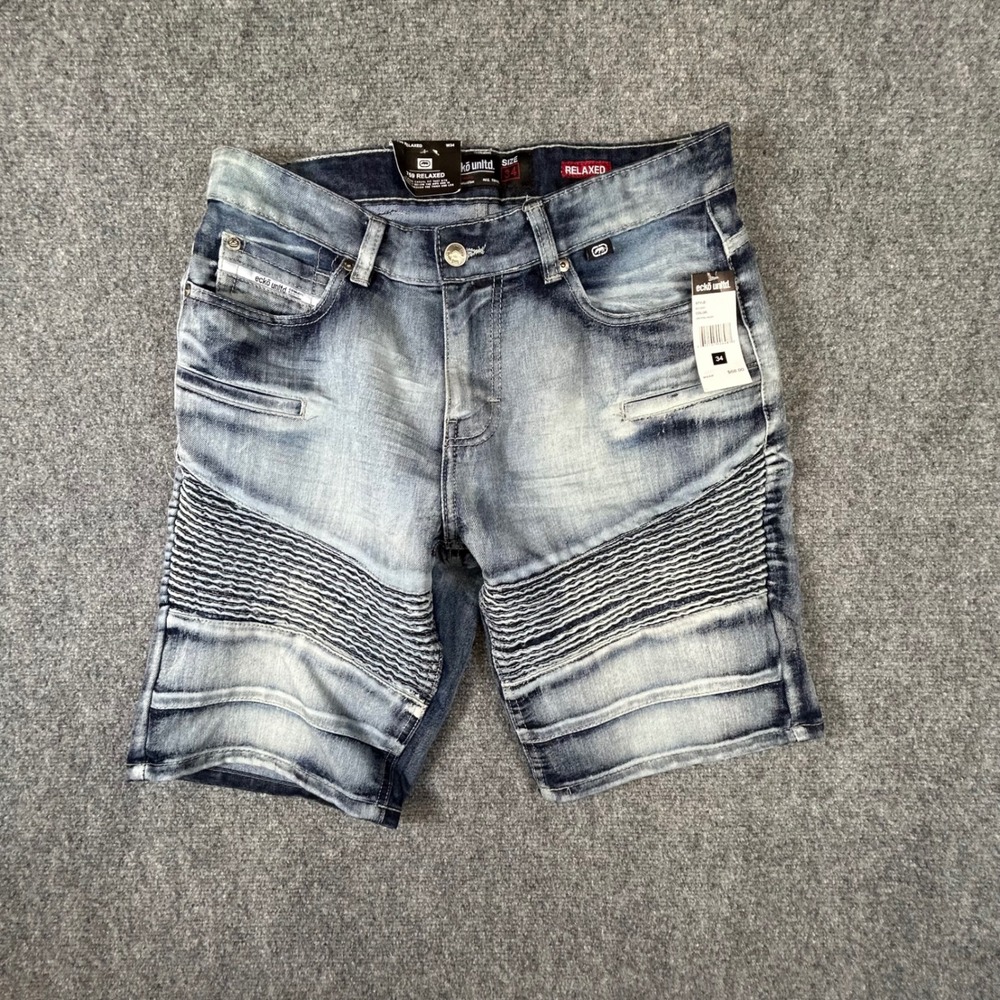 Ecko Unltd 759 Relaxed Moto Denim Shorts Crystal Wash Blue Mens 34 NWT